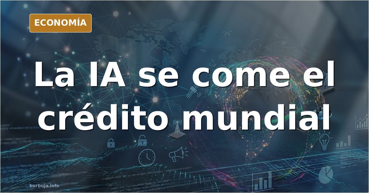 Ilustración editorial de un grifo de capital cerrándose sobre chips de silicio y torres de servidores en azul marino y dorado