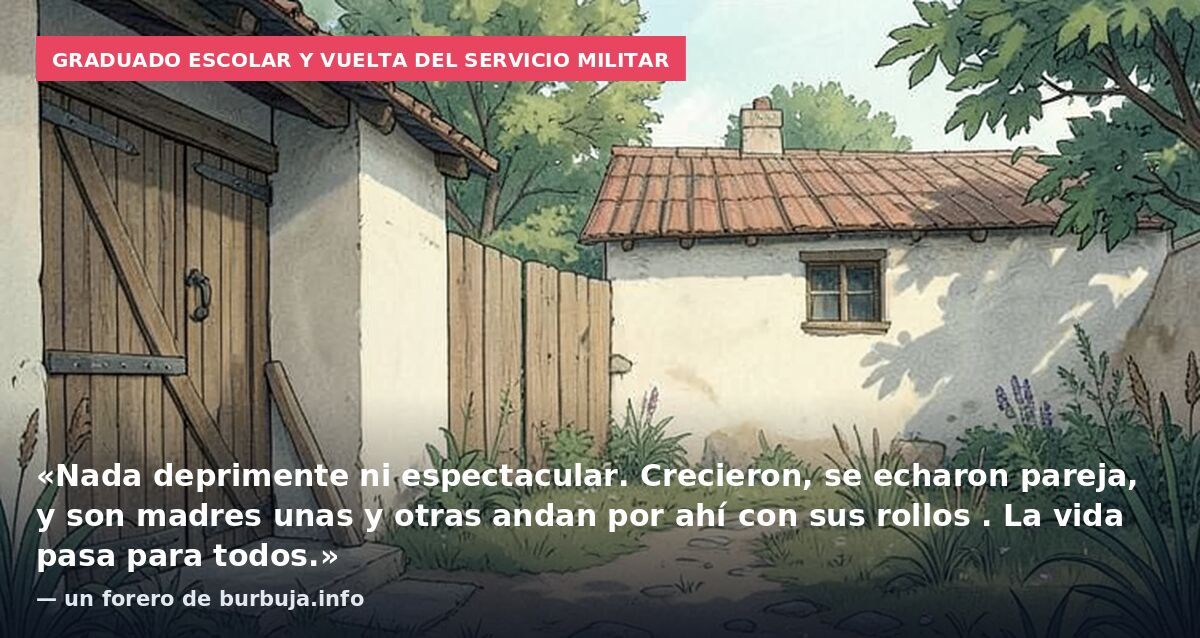 Graduado escolar y vuelta del servicio militar: «Nada deprimente ni espectacular. Crecieron, se echaron pareja, y son madres unas y otras andan por ahí con sus rollos . La vida pasa para todos.» — un forero de burbuja.info