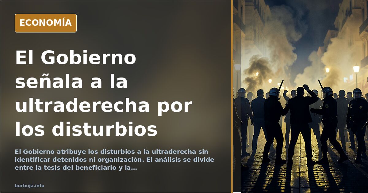 Ilustración editorial de edificios institucionales bajo una nube de humo y titulares de prensa sobre disturbios y responsabil