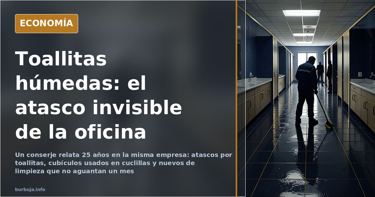 Puerta de un baño de oficina con carrito de limpieza y señales de mantenimiento en un pasillo corporativo