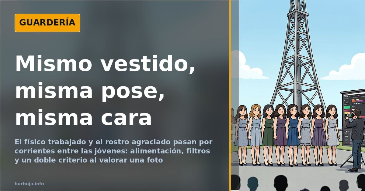 Jóvenes con vestidos y poses similares frente a un monumento, reflejo de un canon estético juvenil homogéneo