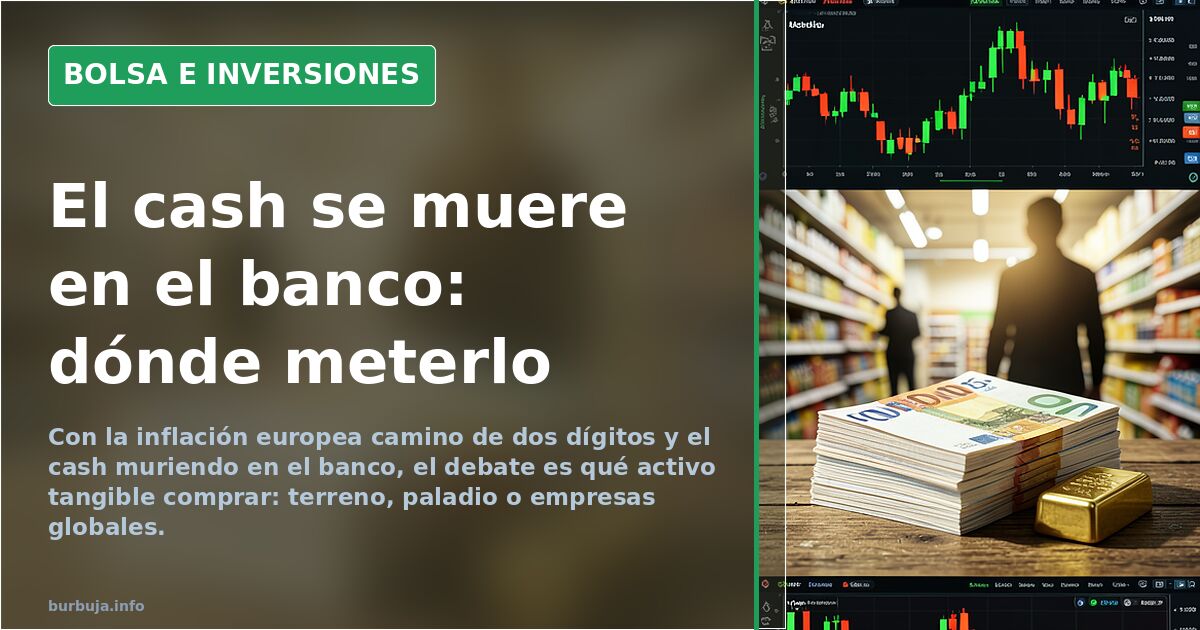 Gráfico de velas verde y rojo en terminal bursátil oscura con billetes y monedas sobre la mesa, ilustrando dónde invertir con