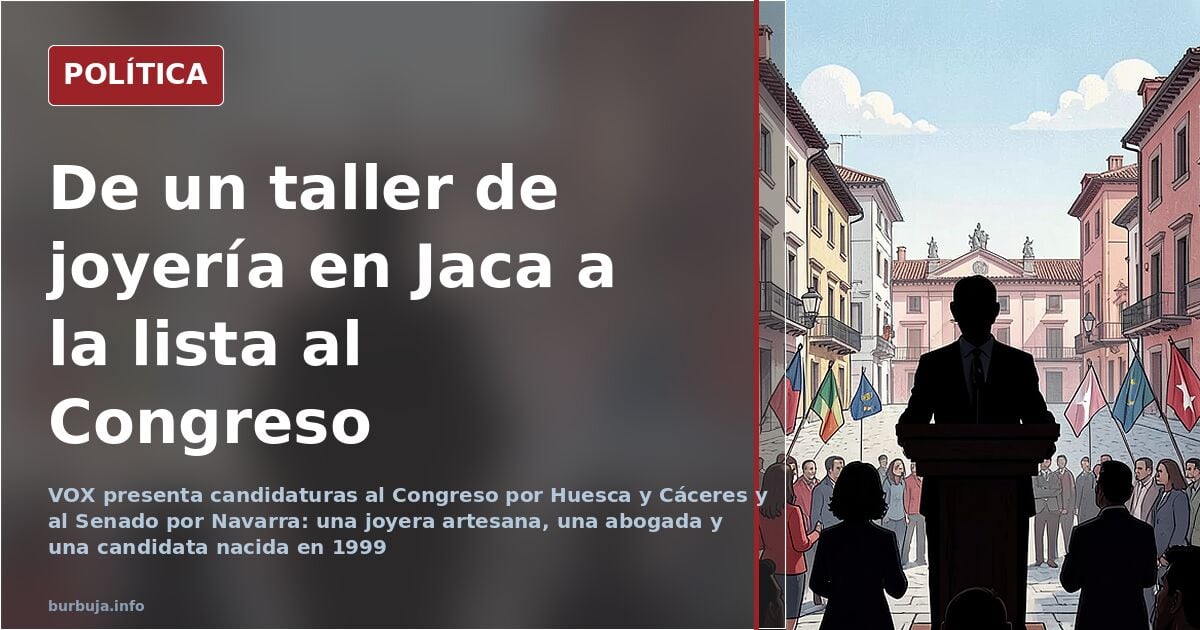 Caricatura editorial de una candidata ante un taller de joyería y papeletas electorales con banderas de España