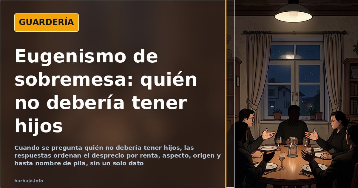Sala de espera con sillas vacías y adultos que se miran con reproche al hablar de quién no debería reproducirse