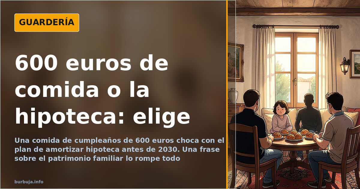 Ilustración de una mesa familiar con tarta casera, refrescos y tres botellas de cava frente a una factura de 600 euros