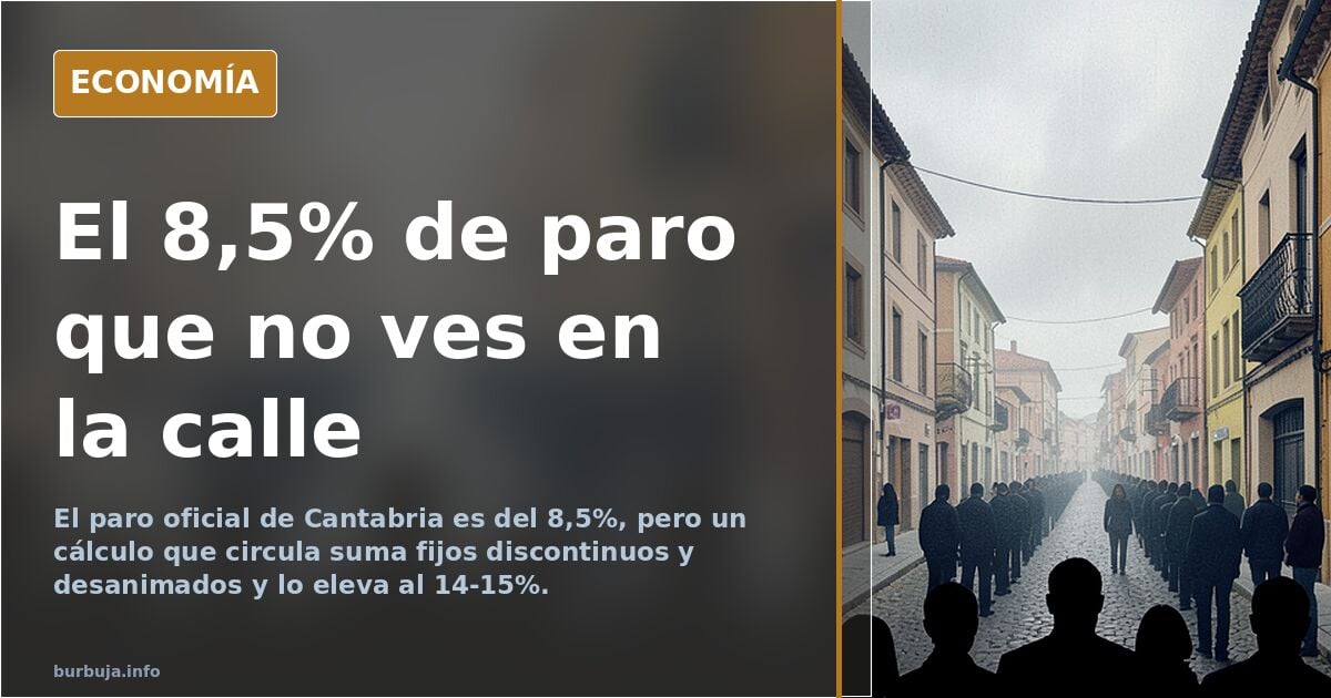 Ilustración editorial de una cola de personas frente a una oficina de empleo con un cartel que muestra un porcentaje de paro 