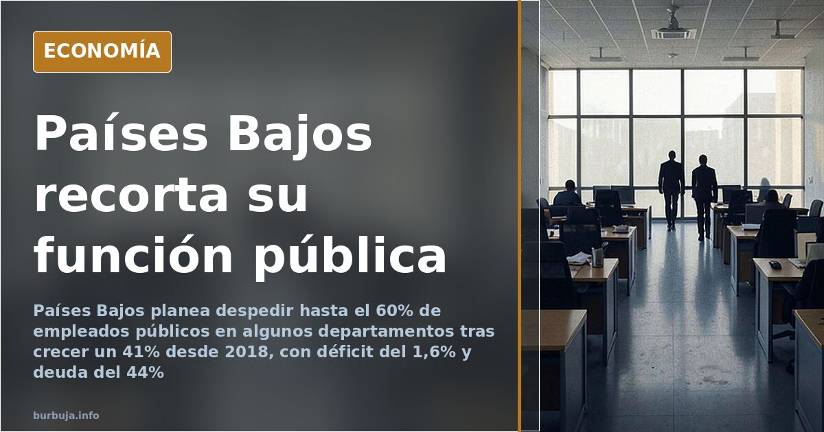 Edificio administrativo neerlandés con oficinas vacías y sillas apiladas, ilustración editorial en azul marino y dorado