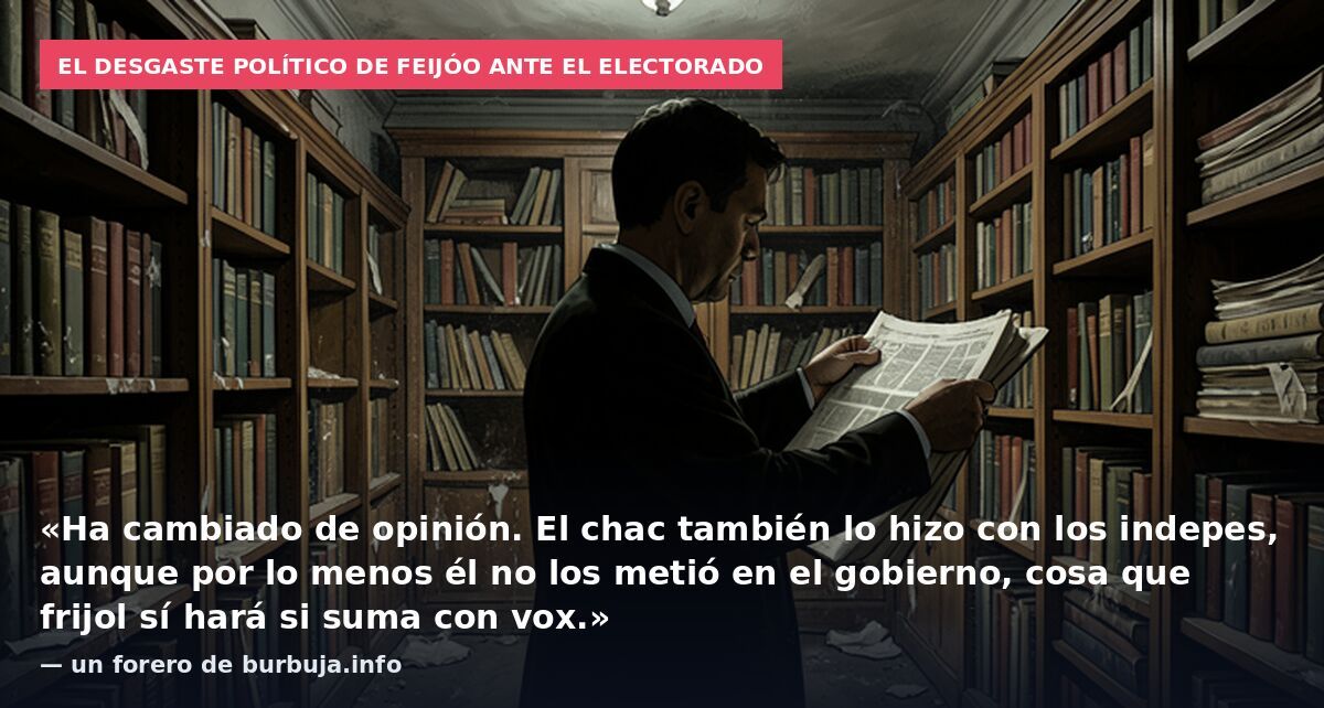 El desgaste político de Feijóo ante el electorado: «Ha cambiado de opinión. El chac también lo hizo con los indepes, aunque por lo menos él no los metió en el gobierno, cosa que frijol sí hará si suma con vox.» — un forero de burbuja.info