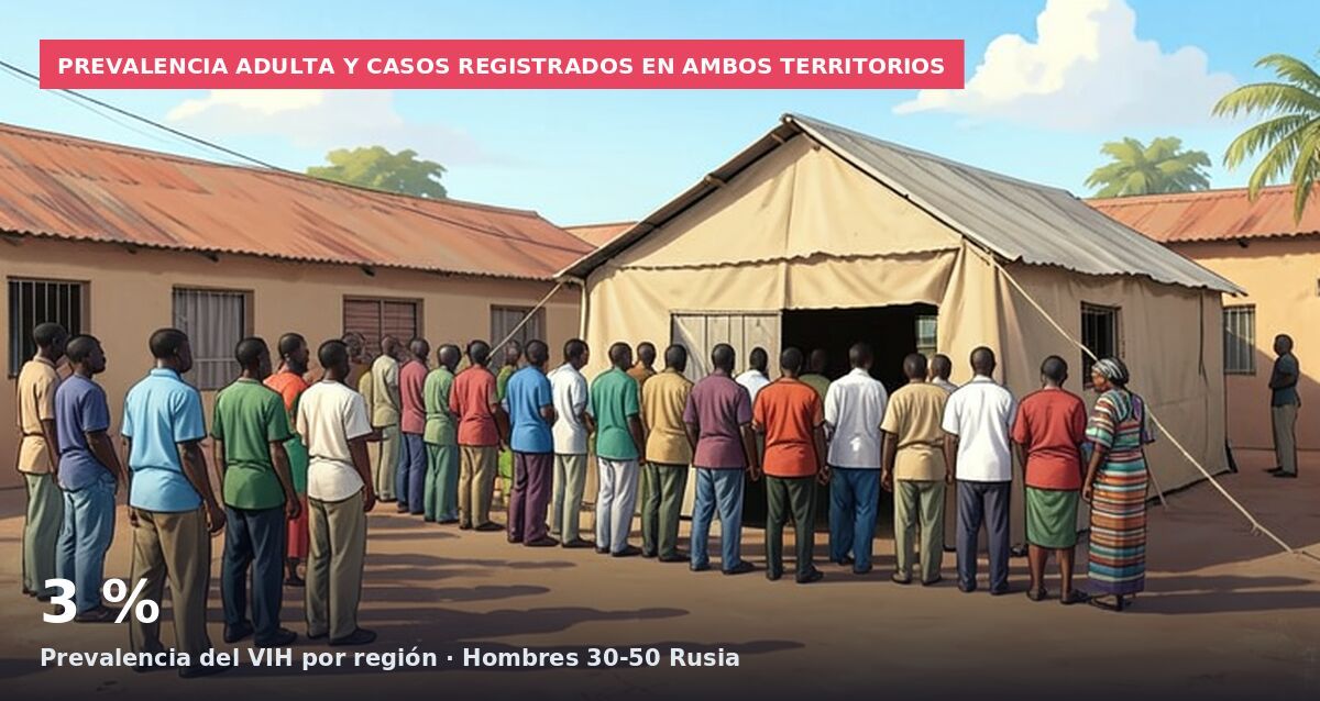 Prevalencia adulta y casos registrados en ambos territorios: 3 % Prevalencia del VIH por región · Hombres 30-50 Rusia