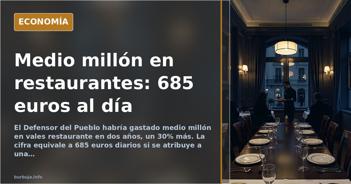 Edificio institucional con una mesa de restaurante y una bandeja de vales de comida sobre un fondo azul marino y dorado