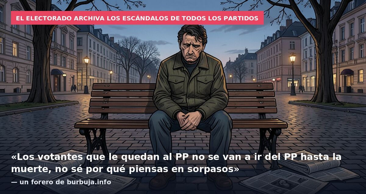 El electorado archiva los escándalos de todos los partidos: «Los votantes que le quedan al PP no se van a ir del PP hasta la muerte, no sé por qué piensas en sorpasos» — un forero de burbuja.info