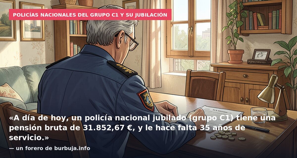 Policías nacionales del grupo C1 y su jubilación: «A día de hoy, un policía nacional jubilado (grupo C1) tiene una pensión bruta de 31.852,67 €, y le hace falta 35 años de servicio.» — un forero de burbuja.info