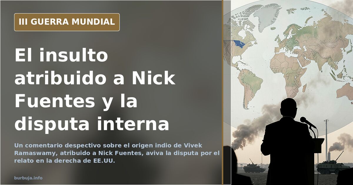 Silueta de Nick Fuentes ante micrófonos y un mapa desaturado con India y Estados Unidos resaltados