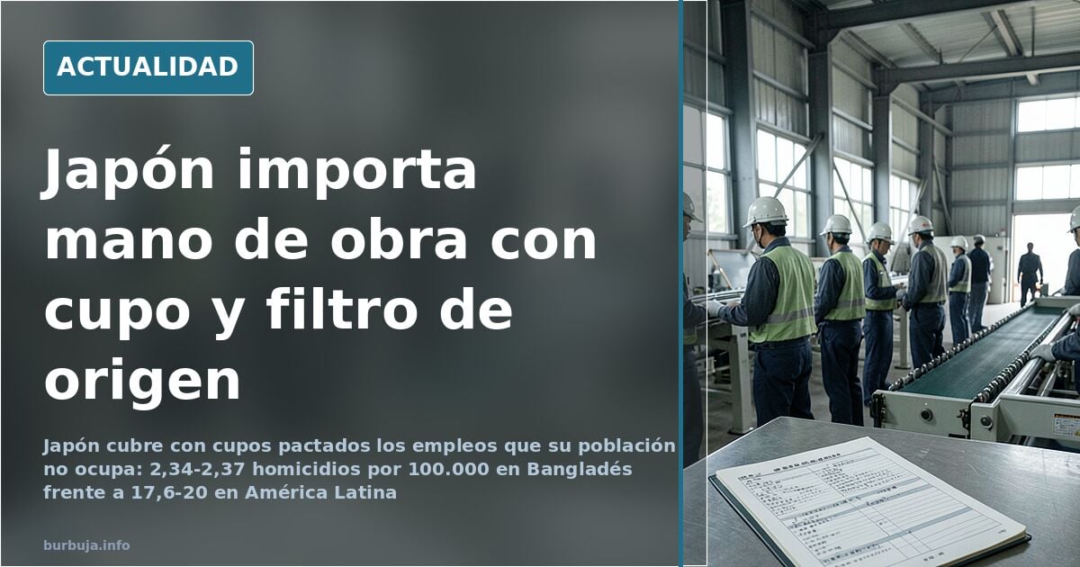 Trabajadores con casco y chaleco en una línea de montaje japonesa junto a una carpeta de contratos de trabajo sobre mesa metá