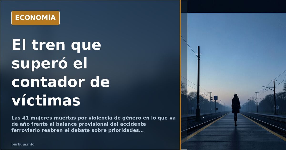 Ilustración editorial de un tren detenido junto a una cifra de víctimas y un gráfico de violencia de género