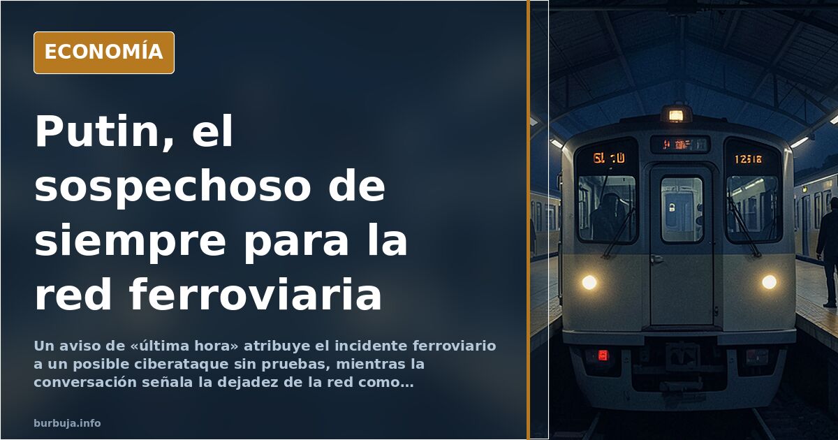 Ilustración editorial de una red ferroviaria con cables y señales caídas bajo un halo dorado de alerta informática