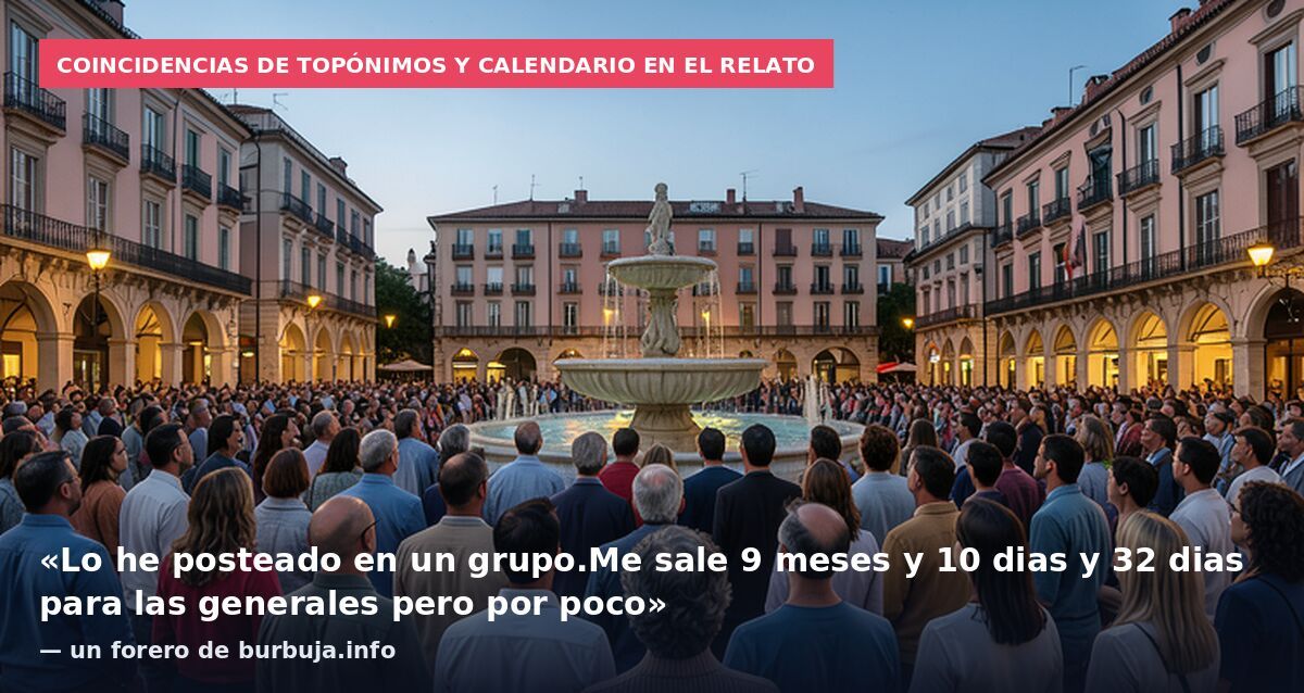 Coincidencias de topónimos y calendario en el relato: «Lo he posteado en un grupo.Me sale 9 meses y 10 dias y 32 dias para las generales pero por poco» — un forero de burbuja.info