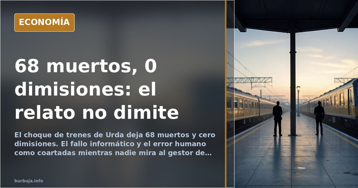 Ilustración editorial de dos trenes de alta velocidad frente a frente sobre una vía de señalización averiada, con la cifra de