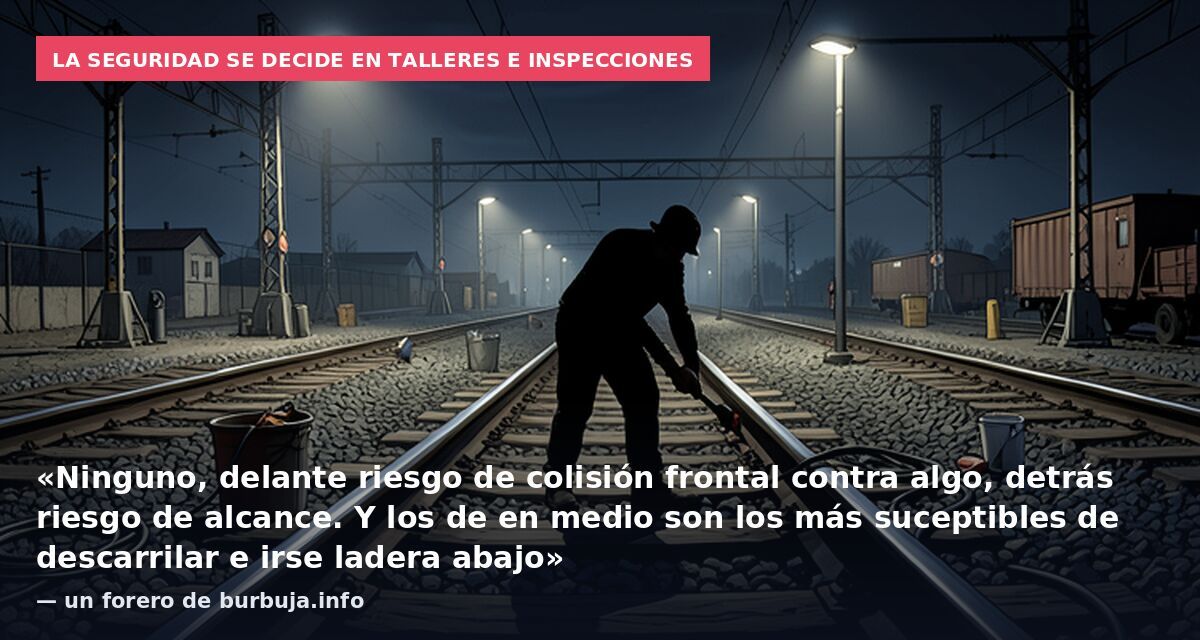 La seguridad se decide en talleres e inspecciones: «Ninguno, delante riesgo de colisión frontal contra algo, detrás riesgo de alcance. Y los de en medio son los más suceptibles de descarrilar e irse ladera abajo» — un forero de burbuja.info