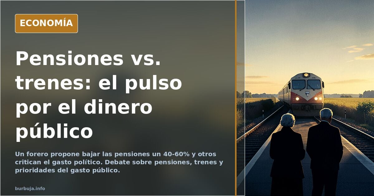 Ilustración editorial de un tren antiguo y un hospital con una balanza de dinero público en el centro