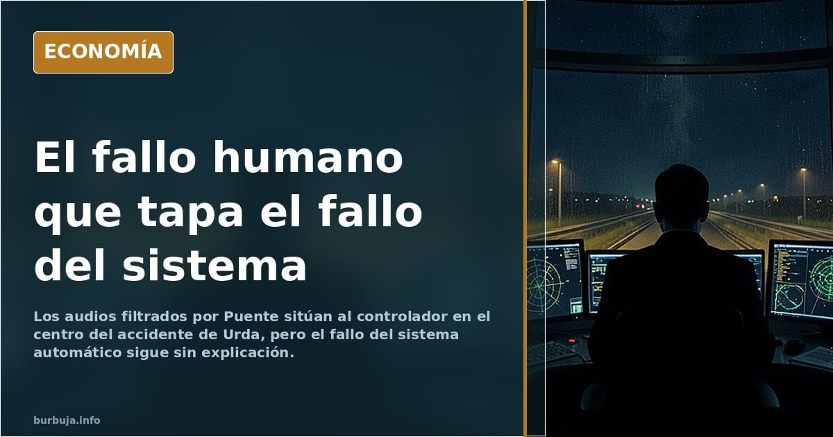 Ilustración editorial de una sala de control ferroviario con pantallas y un operador frente a la señal de alerta