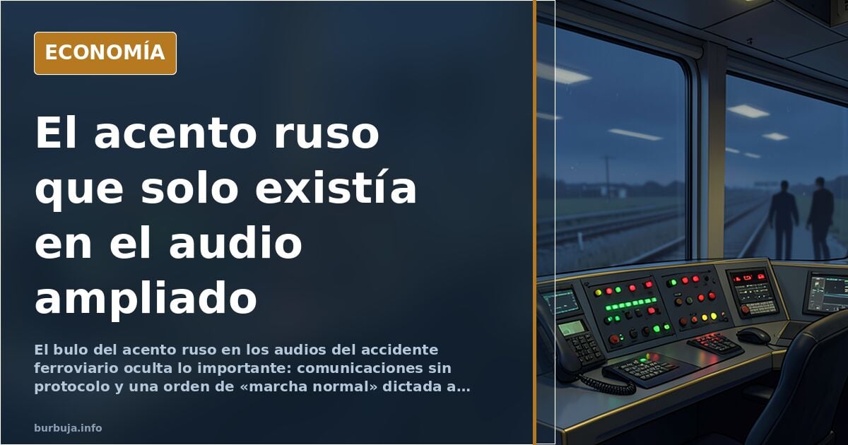 Ilustración editorial de una sala de control ferroviario con pantallas y una onda de audio amplificada sobre fondo azul marin