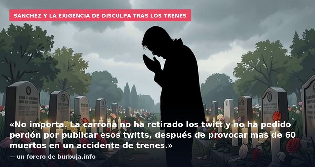 Sánchez y la exigencia de disculpa tras los trenes: «No importa. La carroña no ha retirado los twitt y no ha pedido perdón por publicar esos twitts, después de provocar mas de 60 muertos en un accidente de trenes.» — un forero de burbuja.info