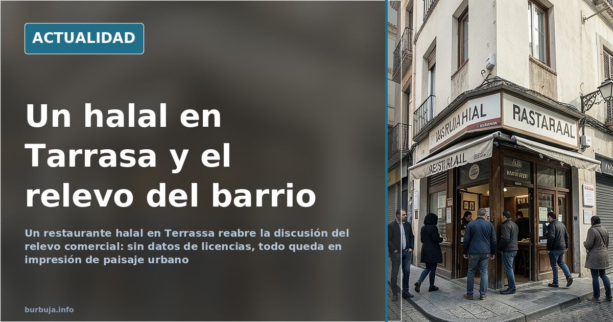 Escaparate de un restaurante halal en una calle comercial de Tarrasa junto a locales tradicionales cerrados