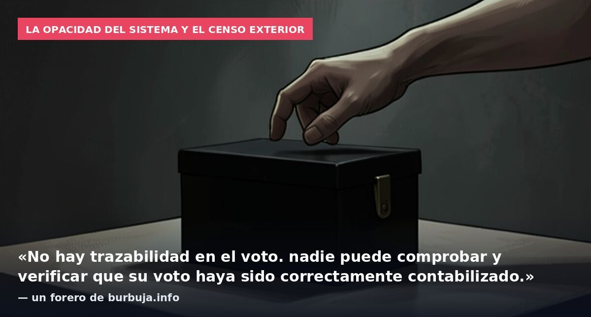 La opacidad del sistema y el censo exterior: «No hay trazabilidad en el voto. nadie puede comprobar y verificar que su voto haya sido correctamente contabilizado.» — un forero de burbuja.info