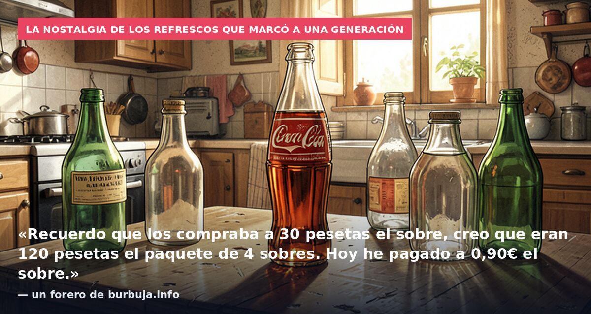 La nostalgia de los refrescos que marcó a una generación: «Recuerdo que los compraba a 30 pesetas el sobre, creo que eran 120 pesetas el paquete de 4 sobres. Hoy he pagado a 0,90€ el sobre.» — un forero de burbuja.info