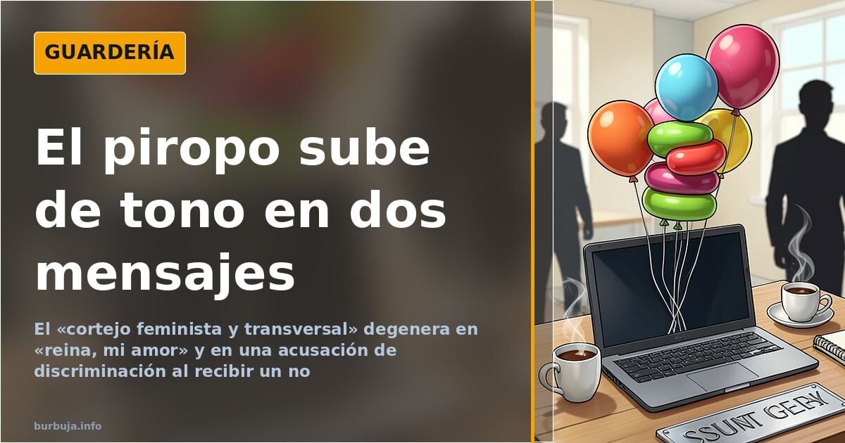Portátil abierto con globos de chat que escalan del saludo al piropo y una placa de nombre sobre la mesa