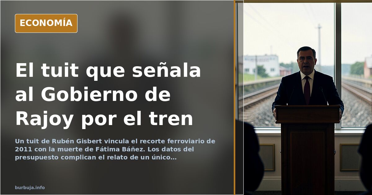 Ilustración editorial de una vía de tren en tonos azul marino y dorado con gráficos de presupuesto decreciente