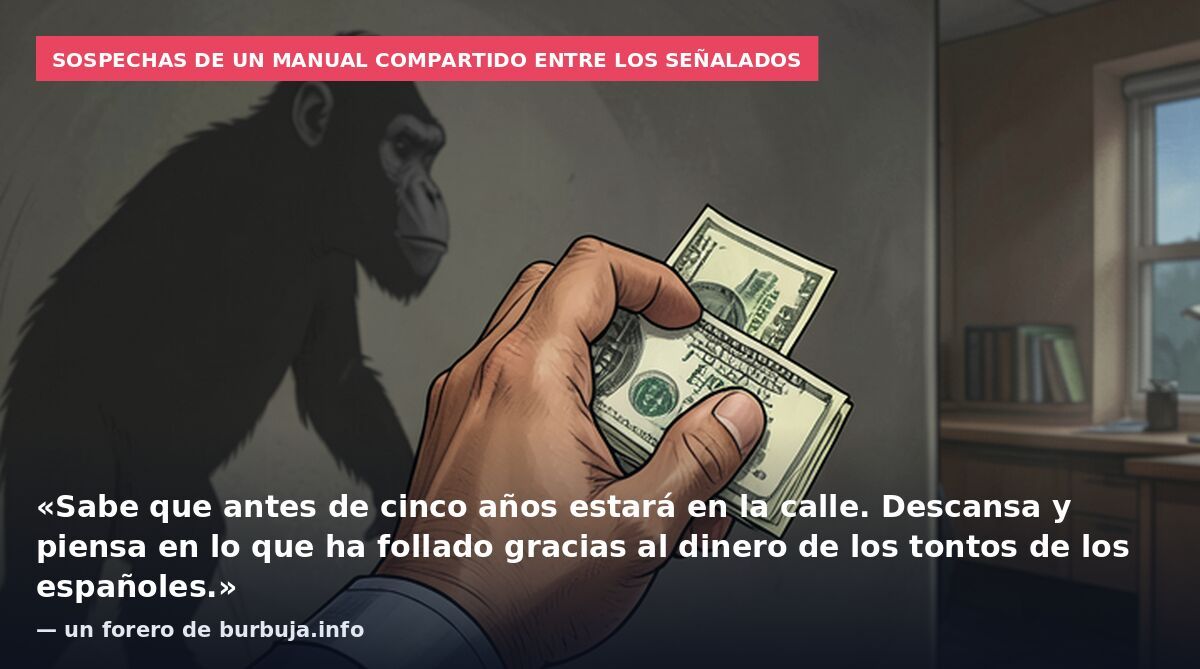 Sospechas de un manual compartido entre los señalados: «Sabe que antes de cinco años estará en la calle. Descansa y piensa en lo que ha follado gracias al dinero de los tontos de los españoles.» — un forero de burbuja.info