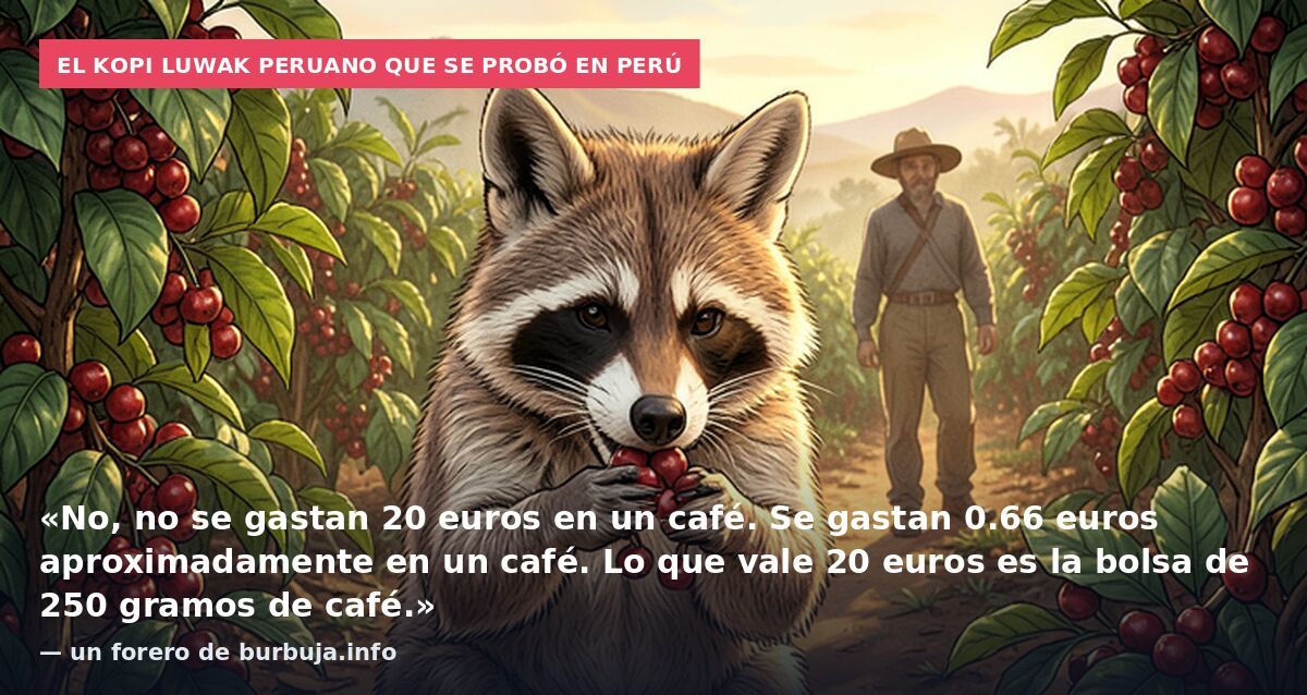 El kopi luwak peruano que se probó en Perú: «No, no se gastan 20 euros en un café. Se gastan 0.66 euros aproximadamente en un café. Lo que vale 20 euros es la bolsa de 250 gramos de café.» — un forero de burbuja.info