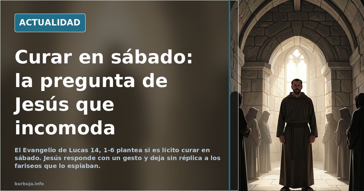 Escena editorial de un banquete antiguo con un hombre enfermo ante Jesús y fariseos que observan en silencio