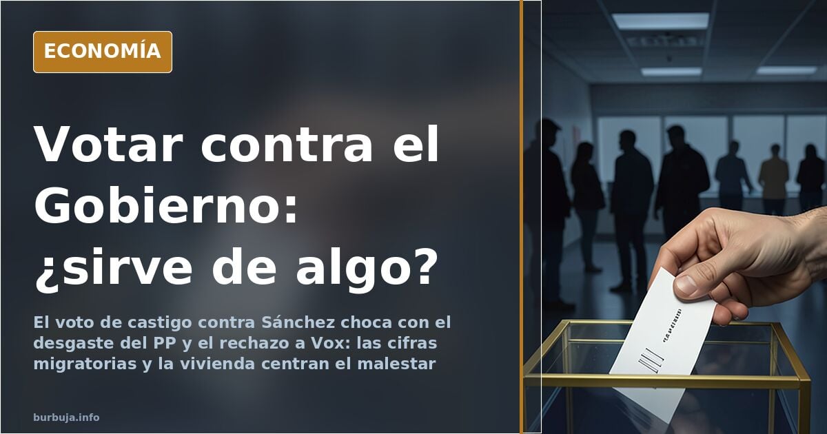 Ilustración editorial de una urna con papeletas azules y verdes, símbolo del voto contra el Gobierno y la desconfianza políti