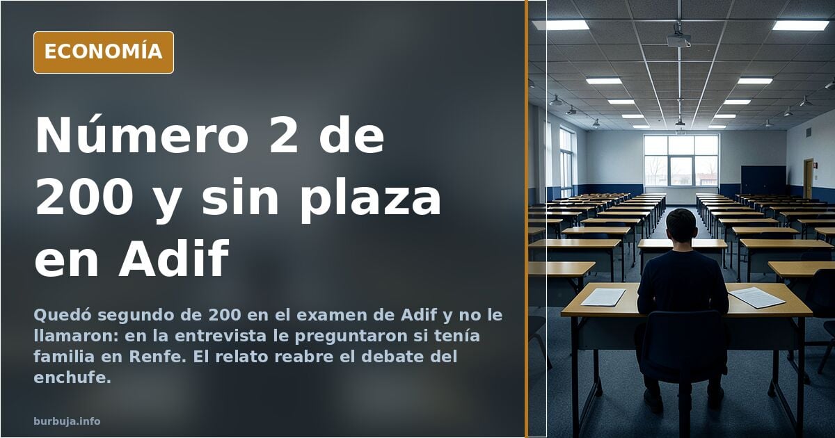 Ilustración editorial de una sala de entrevistas de selección en una empresa pública ferroviaria con expedientes y plazas adj
