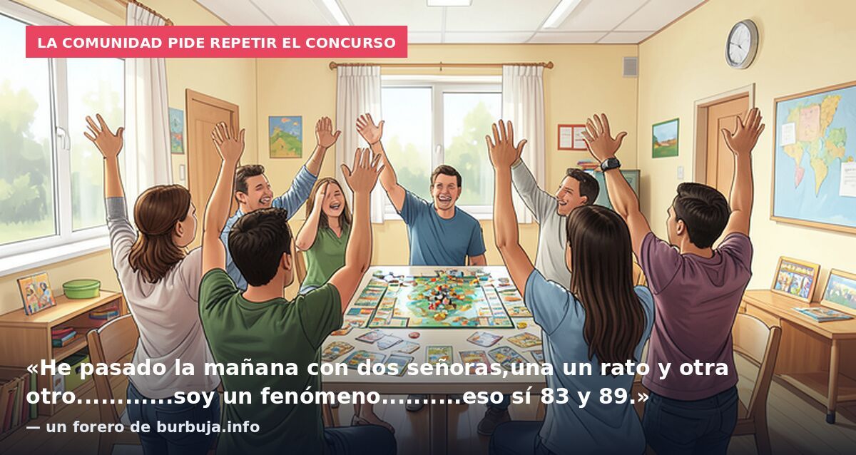 La comunidad pide repetir el concurso: «He pasado la mañana con dos señoras,una un rato y otra otro............soy un fenómeno..........eso sí 83 y 89.» — un forero de burbuja.info