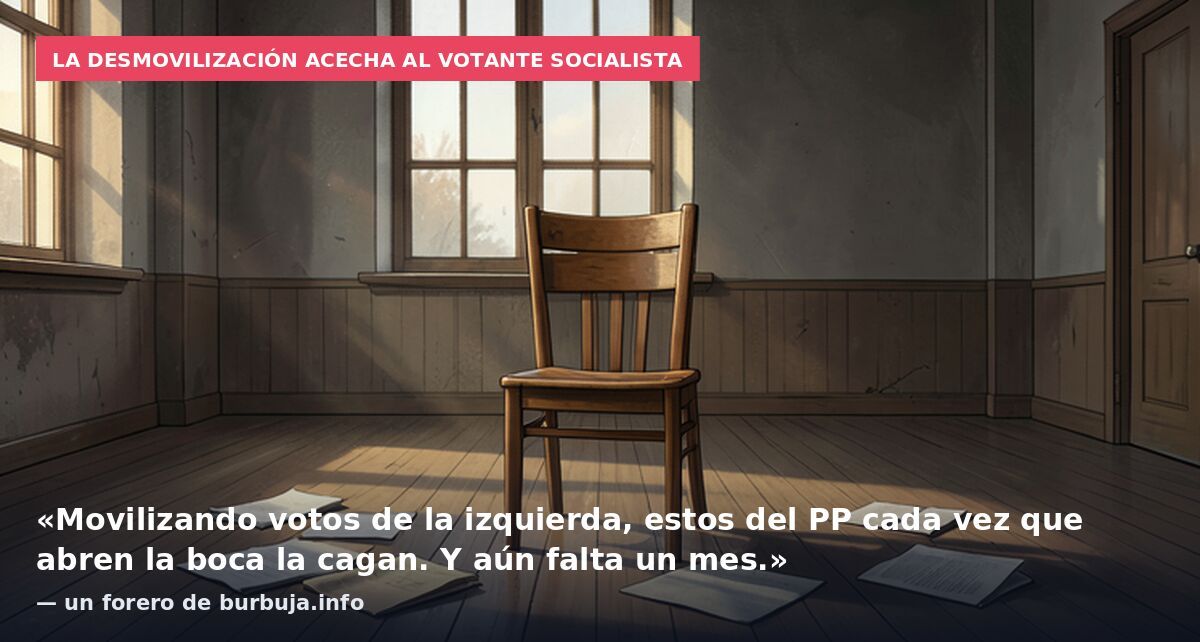La desmovilización acecha al votante socialista: «Movilizando votos de la izquierda, estos del PP cada vez que abren la boca la cagan. Y aún falta un mes.» — un forero de burbuja.info