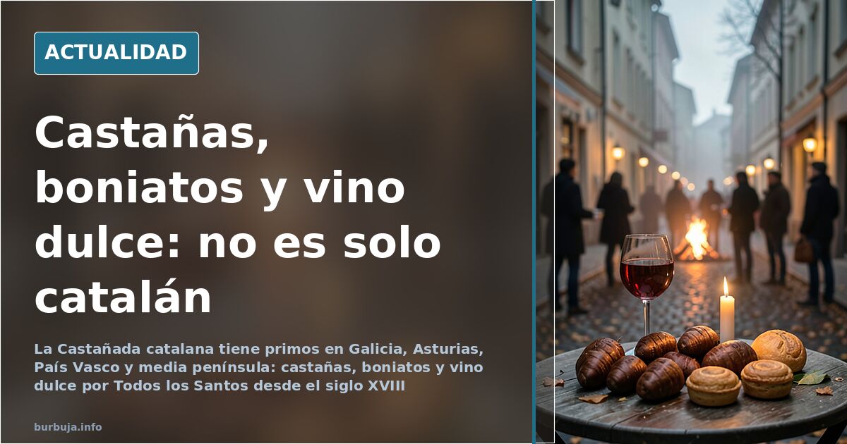 Puesto callejero de castañas asadas con boniatos y panellets sobre mostrador de madera en una calle otoñal