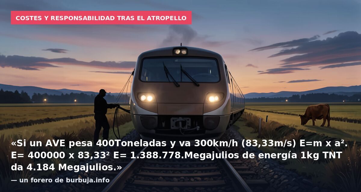 Costes y responsabilidad tras el atropello: «Si un AVE pesa 400Toneladas y va 300km/h (83,33m/s) E=m x a². E= 400000 x 83,33² E= 1.388.778.Megajulios de energía 1kg TNT da 4.184 Megajulios.» — un forero de burbuja.info