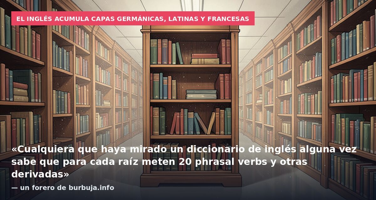 El inglés acumula capas germánicas, latinas y francesas: «Cualquiera que haya mirado un diccionario de inglés alguna vez sabe que para cada raíz meten 20 phrasal verbs y otras derivadas» — un forero de burbuja.info