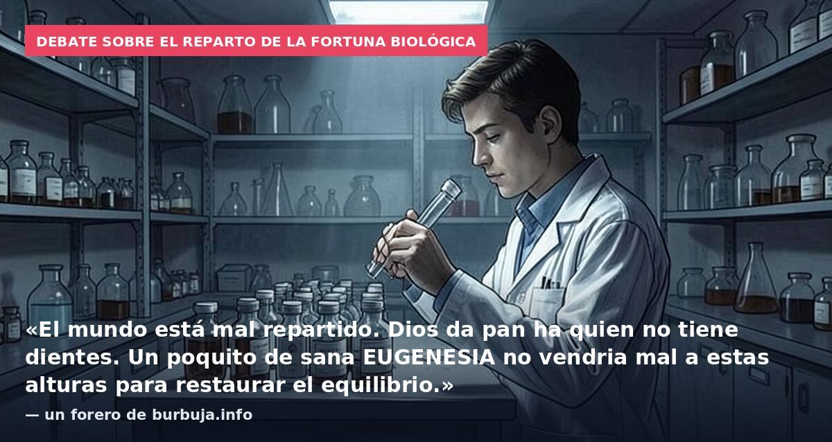 Debate sobre el reparto de la fortuna biológica: «El mundo está mal repartido. Dios da pan ha quien no tiene dientes. Un poquito de sana EUGENESIA no vendria mal a estas alturas para restaurar el equilibrio.» — un forero de burbuja.info