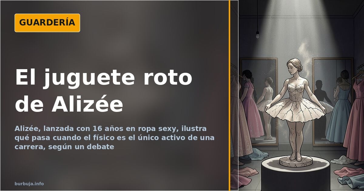 Ilustración de una cantante joven en un escenario frente a un espejo que refleja el paso del tiempo y el declive del físico