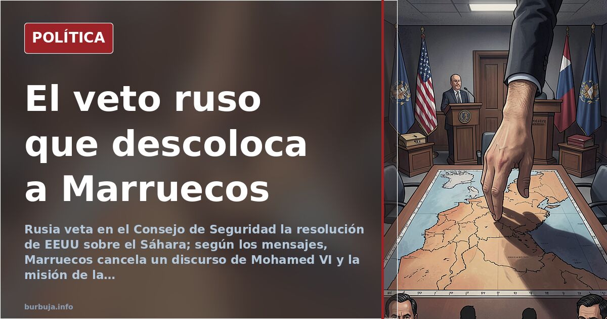 Ilustración editorial del Consejo de Seguridad de la ONU con banderas de Rusia y Estados Unidos y un mapa del Sáhara Occident