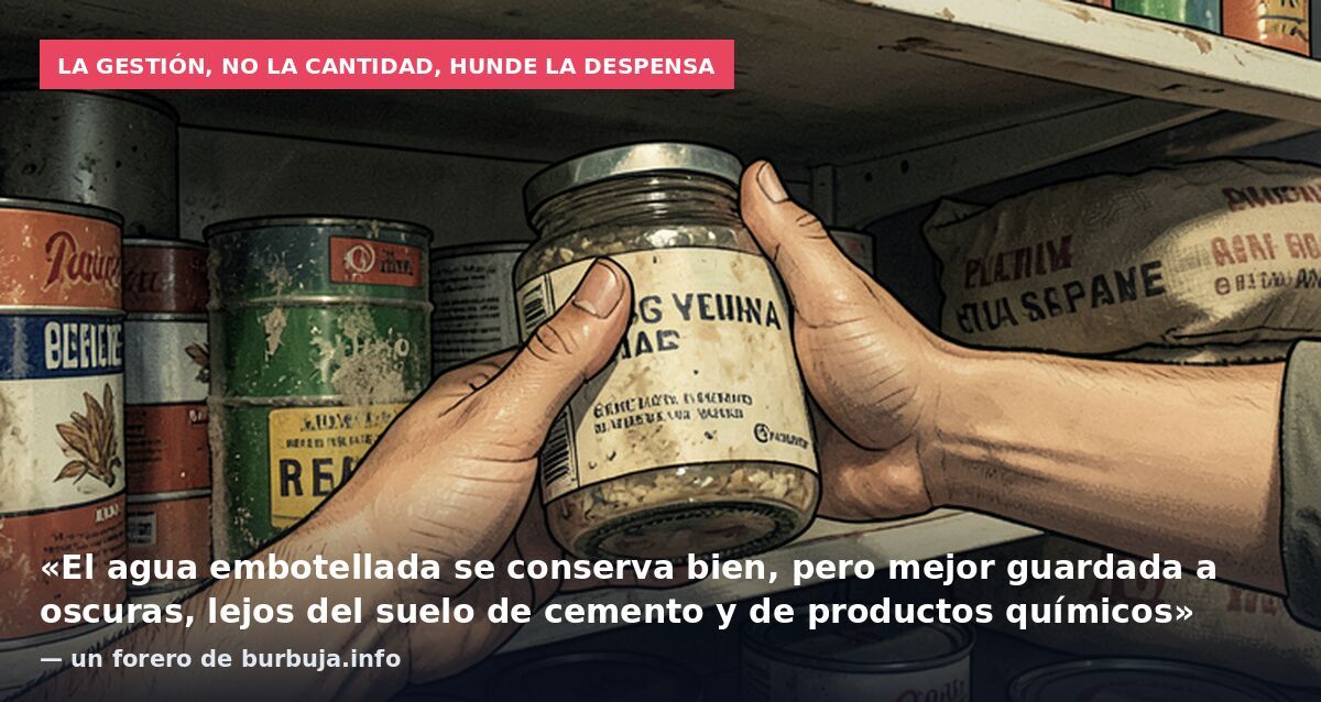 La gestión, no la cantidad, hunde la despensa: «El agua embotellada se conserva bien, pero mejor guardada a oscuras, lejos del suelo de cemento y de productos químicos» — un forero de burbuja.info