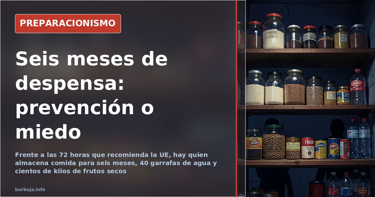 Garrafas de agua y alimentos no perecederos apilados en una despensa de preparacionismo