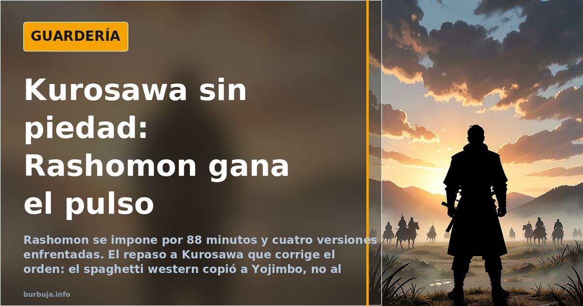 Ilustración de un samurái de espaldas frente a un plano coral de seis figuras en blanco y negro, homenaje al cine de Kurosawa