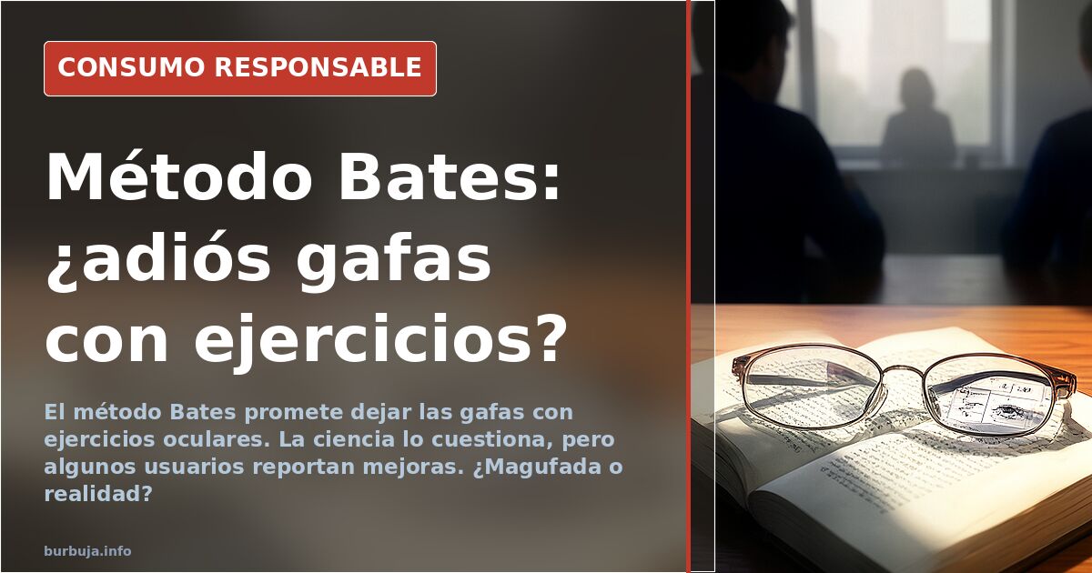 Persona realizando ejercicios oculares frente a un ordenador, con gafas sobre la mesa, ilustrando el método Bates para mejora