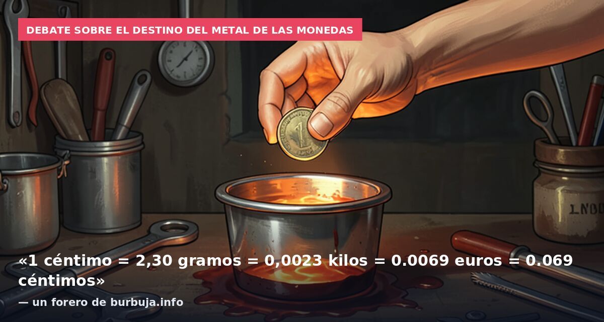 Debate sobre el destino del metal de las monedas: «1 céntimo = 2,30 gramos = 0,0023 kilos = 0.0069 euros = 0.069 céntimos» — un forero de burbuja.info